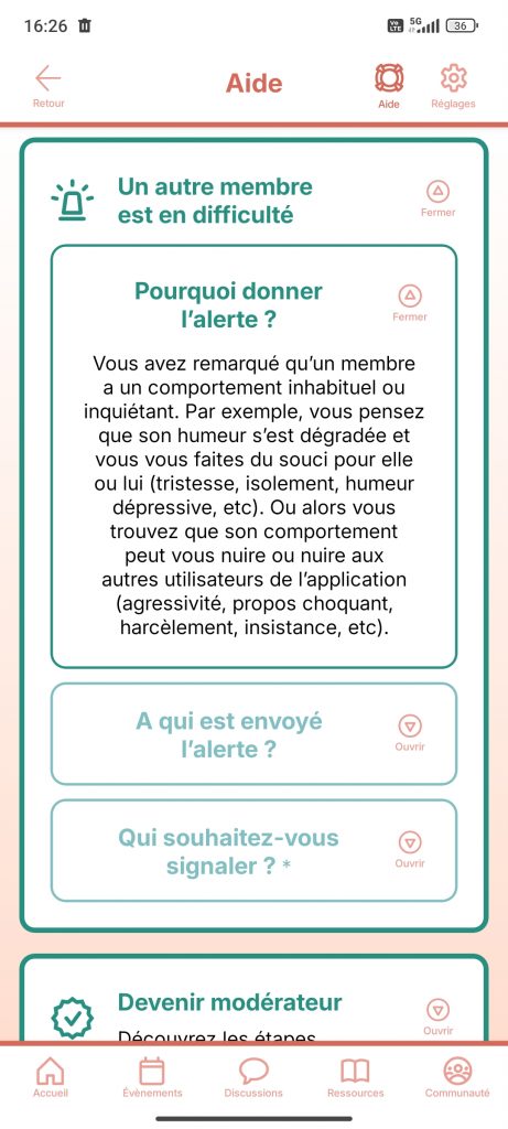Capture d'écran du formulaire permettant de donner l'alerte sur un membre de l'application qui semblerait en difficulté.